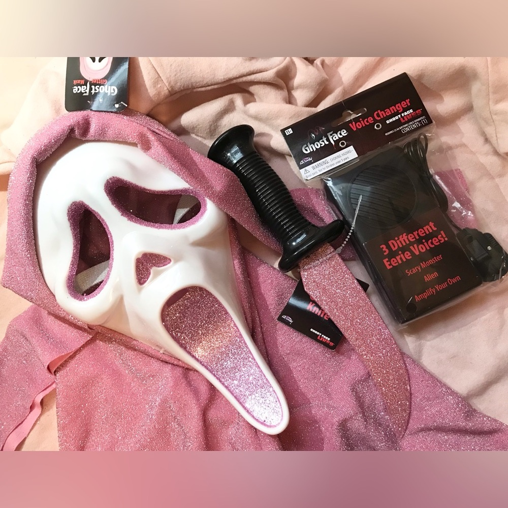 Ghost Face Pink Glitter Mask & Prop Set - Halloween Costume voice changer knife